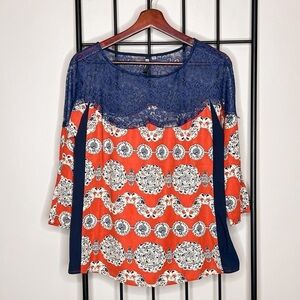 Kut from the Kloth Lace Colorblock Printed Blouse Sz S